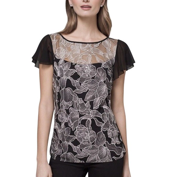 White House Black Market Tops - White House Black Market Floral Romantic Lace Sheer Flutter‎ Sleeve Blouse Small